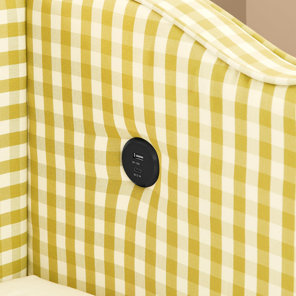 Twin Size Gingham Upholstered Daybed with Pop-Up Trundle, USB, Yellow