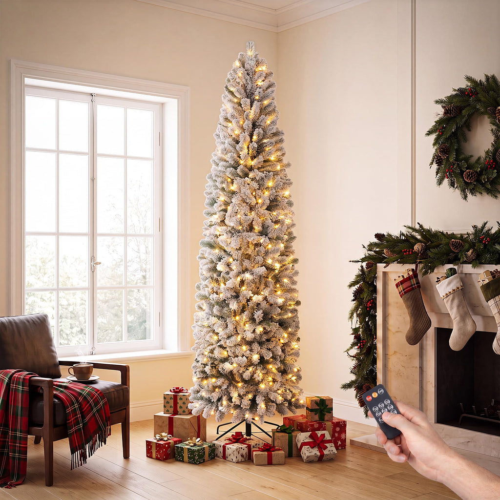 9 Foot Prelit Snow Flocked Artificial Pencil | Casa Home Living