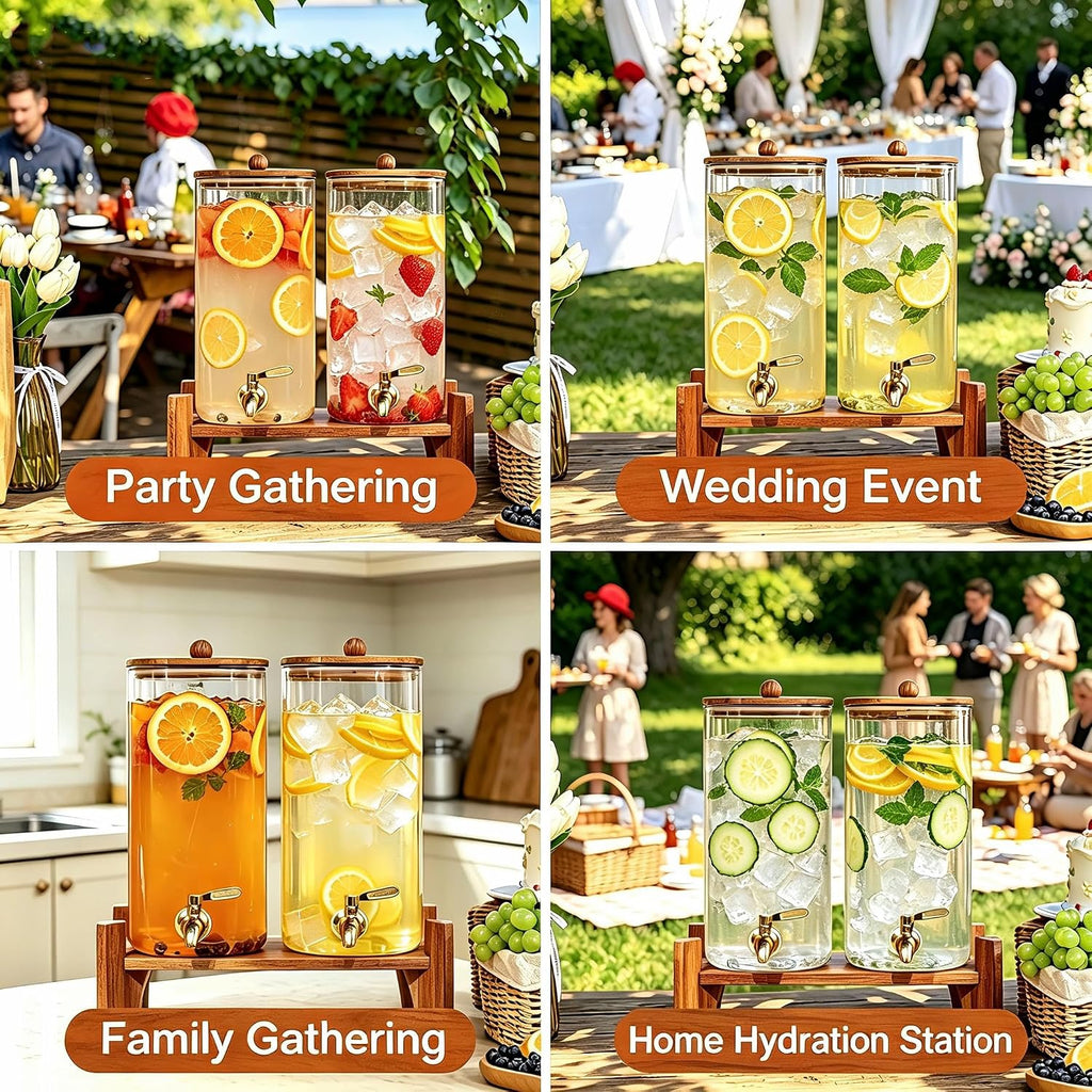 1.5 Gallon Square Drink Dispensers for Parties,Beverage Dispenser with Wood stand&Lid,Large Water Dispenser - Set of 2