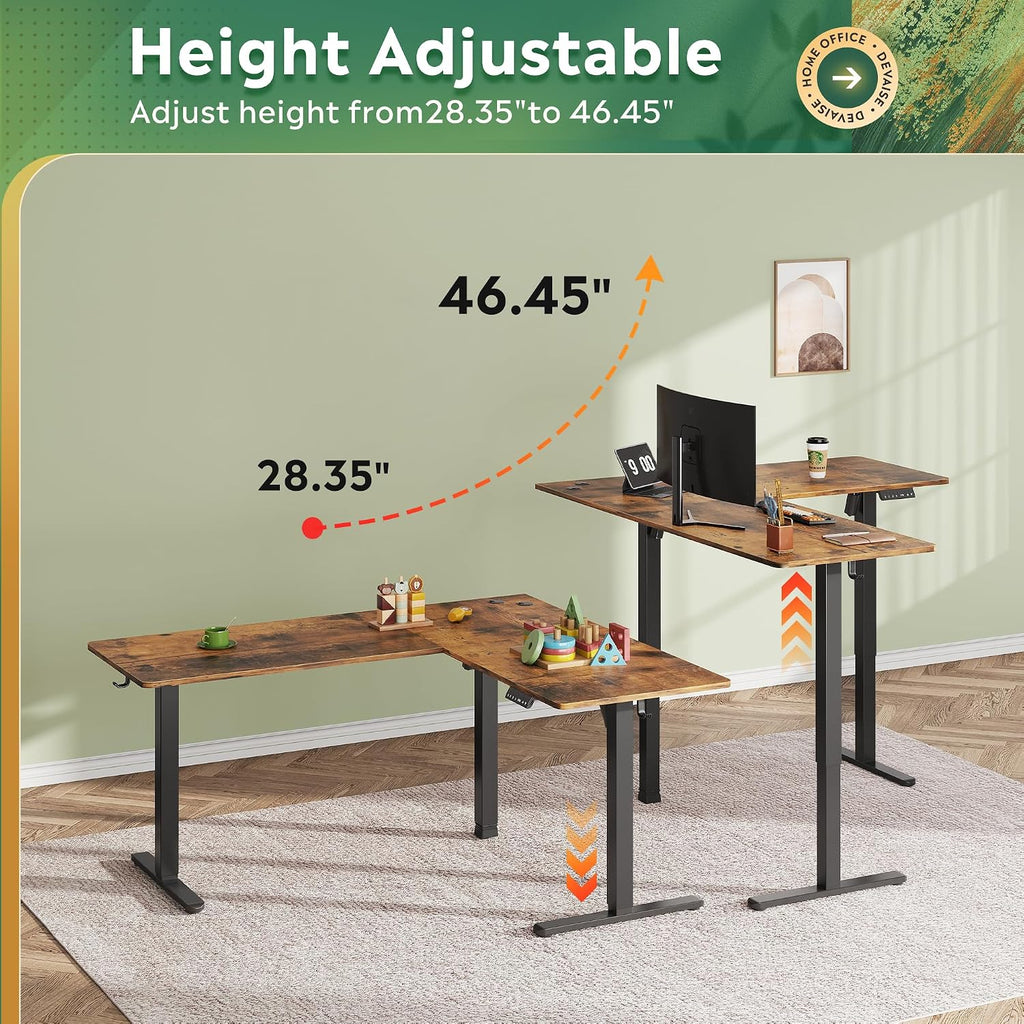 63 Inch Standing Desk, L Shaped, Computer Desk, Rustic Brown | LED Touchscreen, Headphone Hook, 3 Memory Preset
