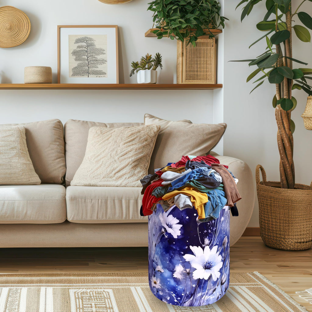 Blue Daisy Floral Laundry Basket Oxford Cloth Foldable Hamper 18.9x16.5 In