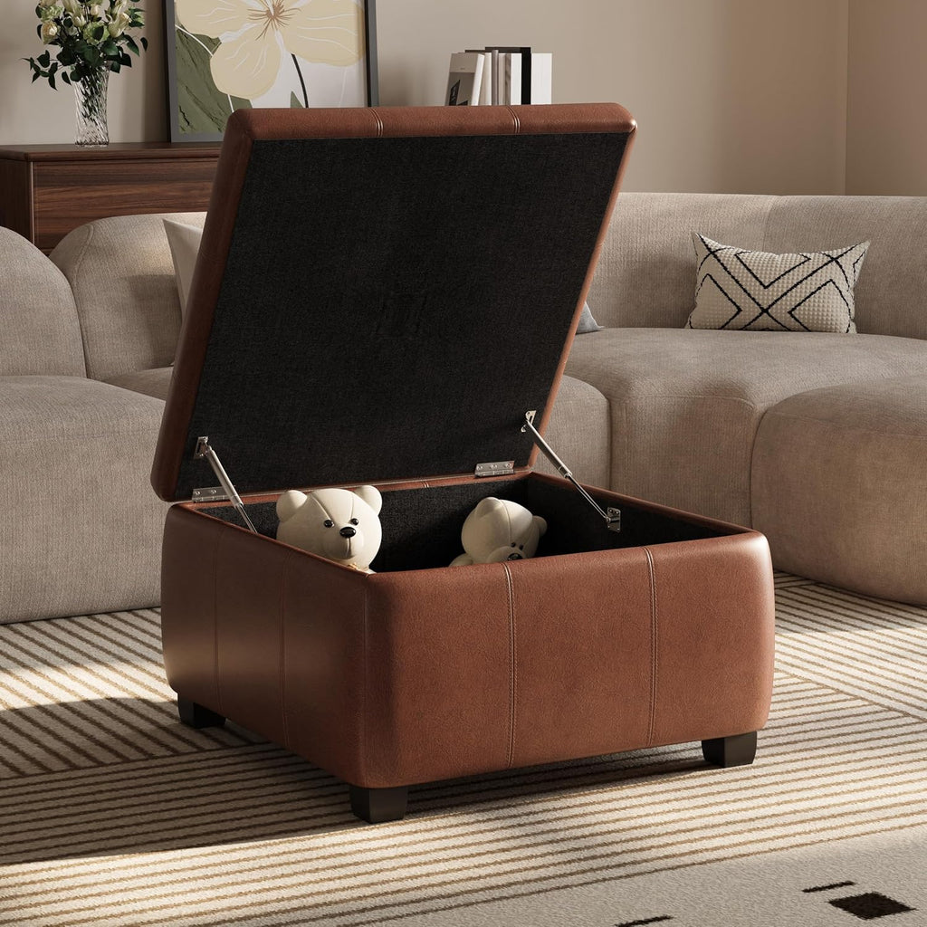 Anivia Faux Leather Square Storage Ottoman Coffee Table, Wooden Ottoman with Storage, Entryway Modern Square