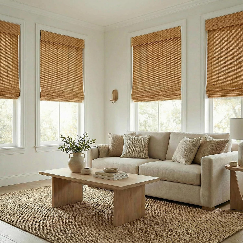 Cordless Woven Wood Roman Shades, Bamboo Shades Sizes 20 to 72 Wide and 24 to 72 High, Bamboo Mesh Natural
