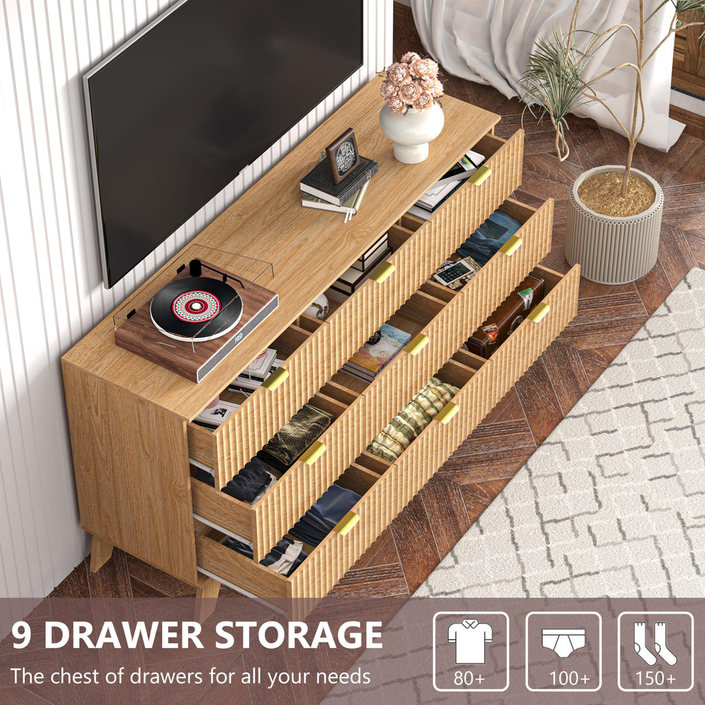 Oak Dresser 9 Drawer Dresser, 57''Wide Fluted Wooden Dresser Storage Cabinet and Chest of Drawers with Metal Handle