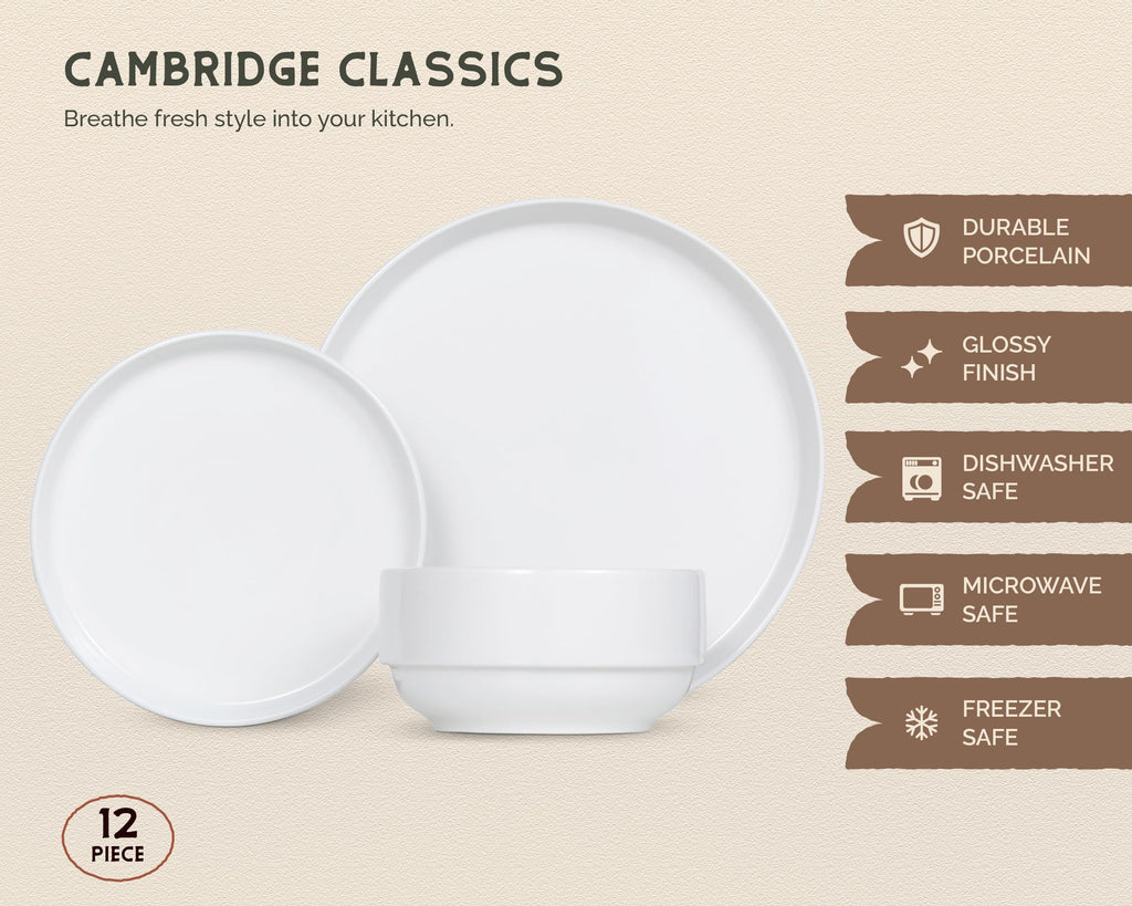 Ceramic Dinnerware Set, 12-Piece Service for 4, Soup Bowls (31.5 oz), Salad Plates (7.5"), Dinner Plates (10.5")