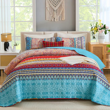 Bohemian Quilt Set Queen, Boho Striped Pattern Quilts Bedspread Set for All Season, Soft Microfiber Bedding Coverlet