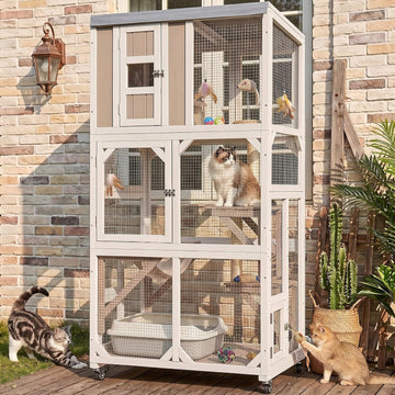 63.5" H Window Catio Outdoor Cat Enclosure with Wheels, Expandable Design