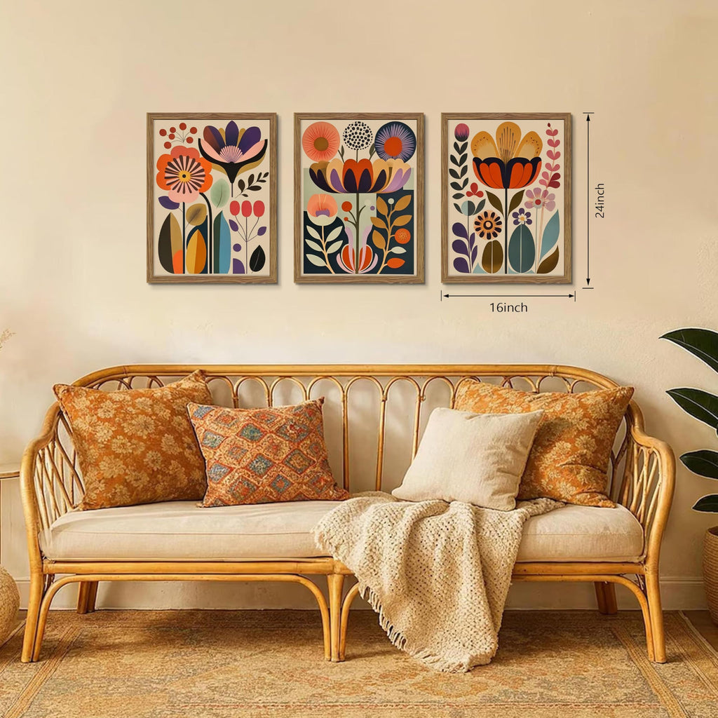 Framed Colorful Floral Wall Art Set of 3, Abstract Scandinavian Flower Canvas Wall Decor Paintings, Mid Century