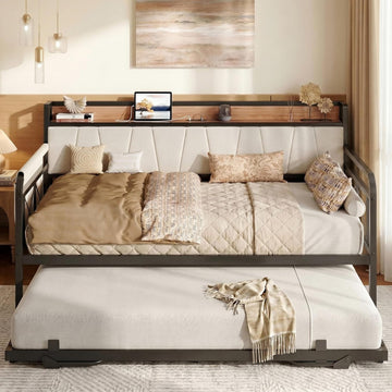 Twin Daybed, Day Bed Frame with Pop Up Trundle, Wood/Beige | Pop Up Trundle Bed with Smooth Wheels, Charging Station