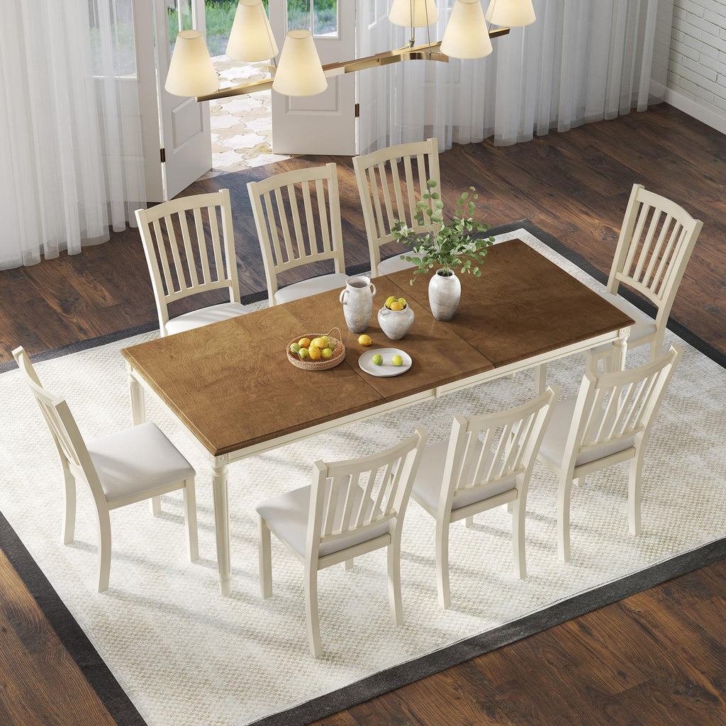 9 Piece Farmhouse Dining Table Set with 79" Table, Cream