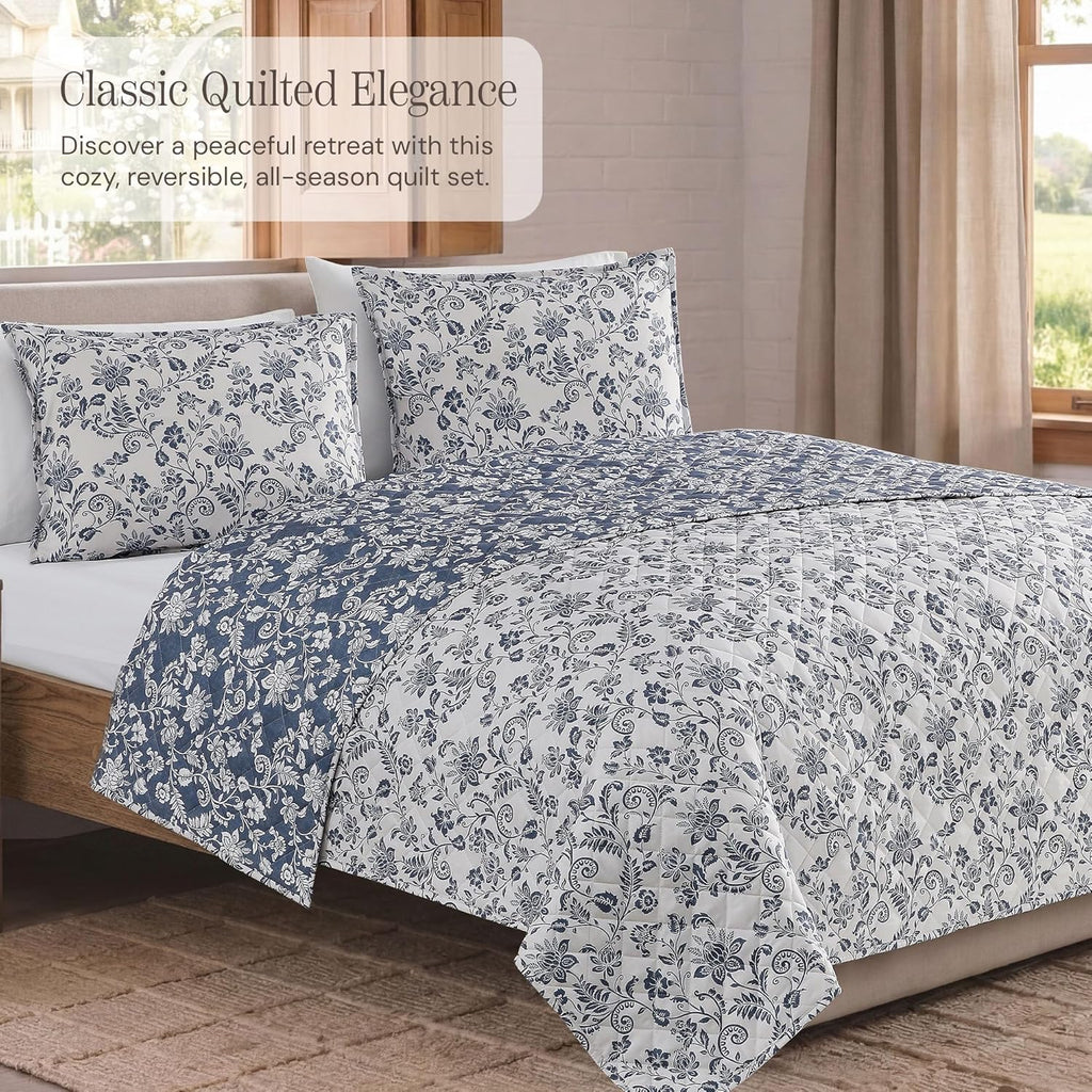 Quilt Set Queen, Oxford Blue Floral Quilt Sets, Reversible Bedspread Lightweight and Breathable for All Seasons, Soft