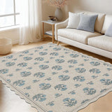 Scalloped Easy Jute 3x5 Area Rug Vintage Blue Floral Farmhouse Washable Rug Non-Slip Indoor Outdoor 