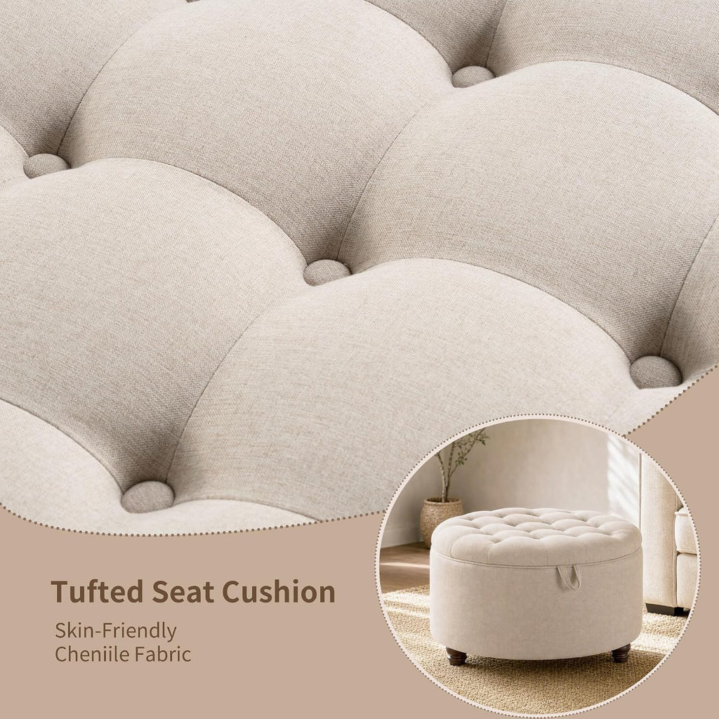 30" Round Storage Ottoman Coffee Table, Tufted Lid & Wood Top, Khaki | Nailhead Trim Solid Wood Legs Extra Large