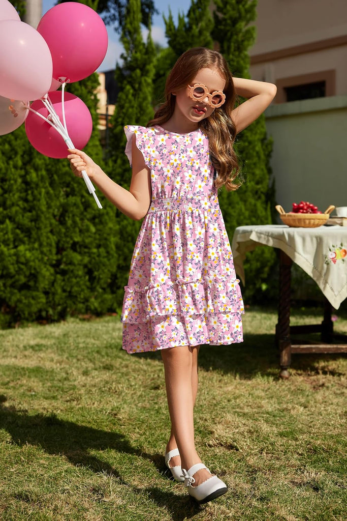 Girls Dresses Flutter Sleeve A-Line Sundress Casual Summer Tiered Swing Midi Pocket Dress
