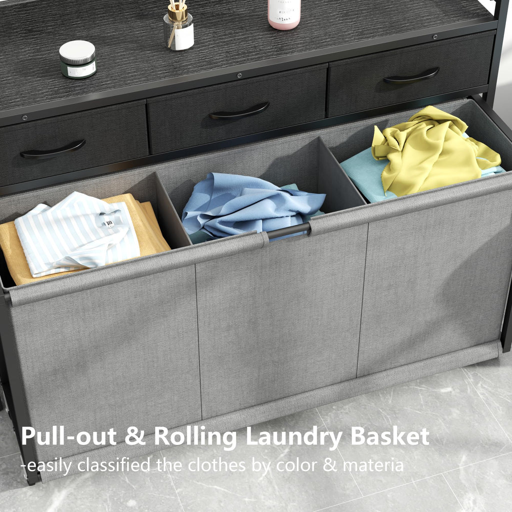 Hamper Laundry Basket with 3 Section 200L Pull-Out Rolling Bags