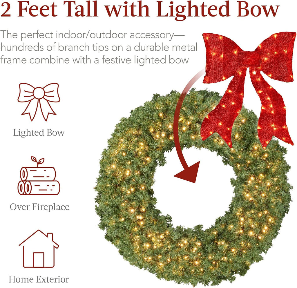 24in Large Artificial Pre-Lit Fir Christmas Wreath Holiday Accent Decoration for Door, Mantel w/Red Lighted Bow, 70