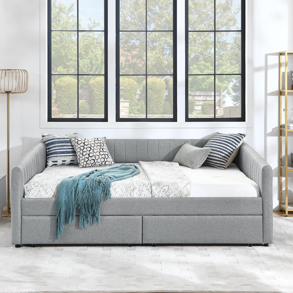 Daybed with Storage Drawers, Modern Upholstered Linen Queen Size Day Bed Frame with Stripes, Tufted Corner Sofa Bed