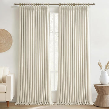 Thick Linen Sand Beige Black Out Curtains 96 Inch Long, Elegant Pinch Pleated Room Darkening Cream Curtain & Drapes