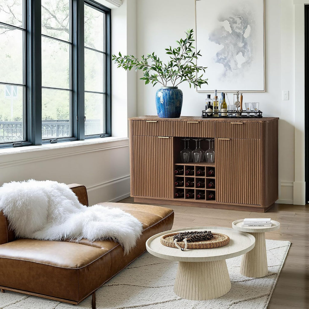 59" Fluted Wine Bar Cabinet, Mid-Century Modern Sideboard, Walnut | Home Bar with Faux Marble Top, 3 Spacious