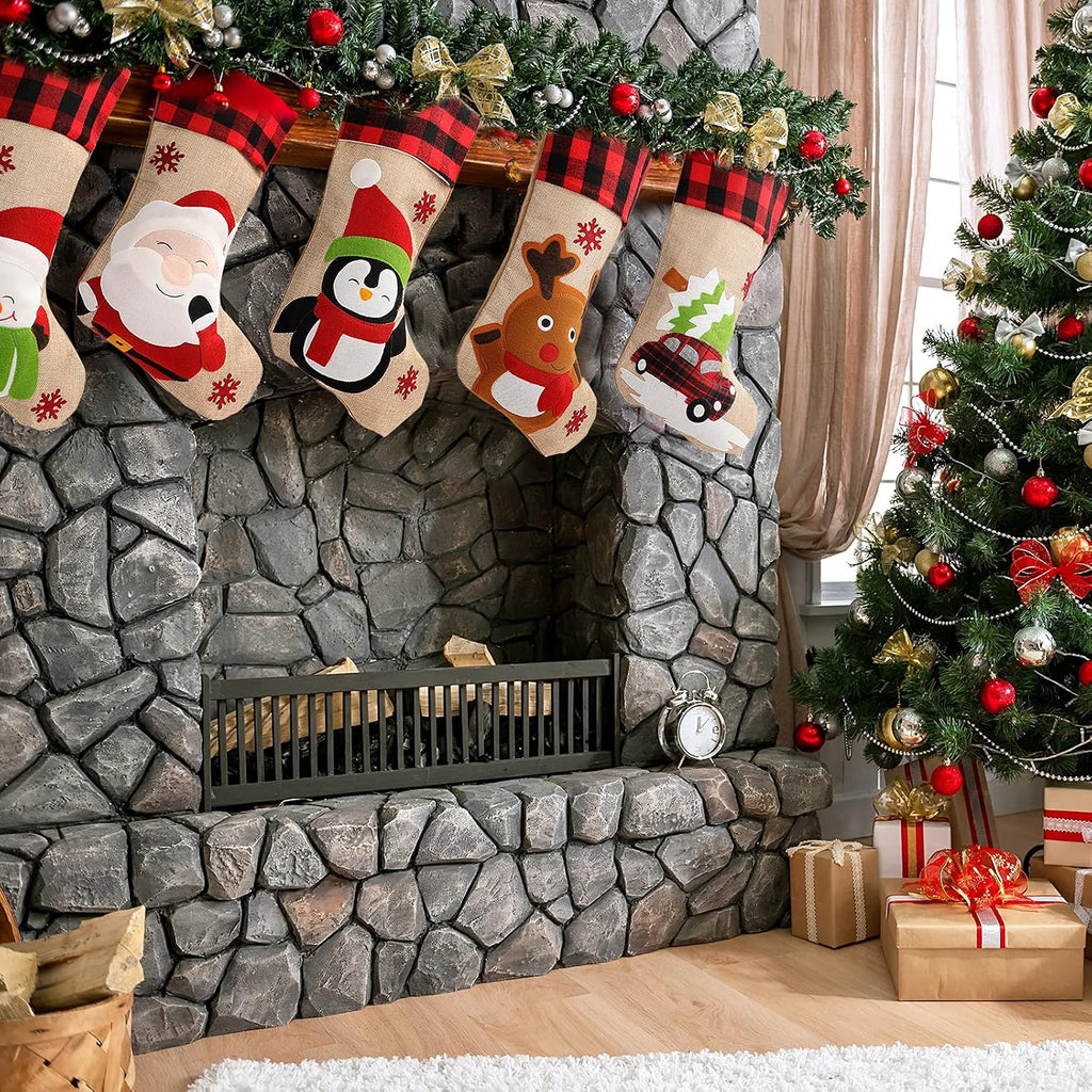 S 5 Pack, 18'' Large Christmas Stockings with Santa Snowman Gnomes Pattern,Classic Buffalo Plaid Cuff,Xmas Ornaments - Set of 5
