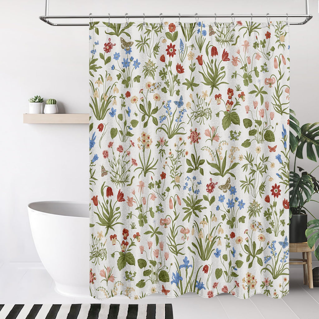 Boho Rustic Floral White 140 GSM Faux Linen, Vintage Morris Abstract Green Leaves Plant with Wildflowers Bathroom
