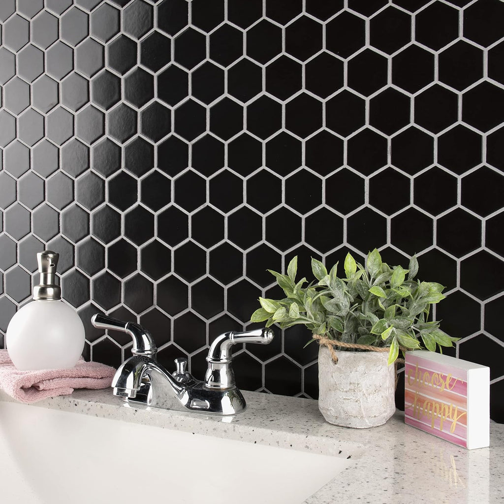 Metro 2" Hex Matte Black 11-1/8" x 12-5/8" Porcelain Mosaic Floor and Wall Tile