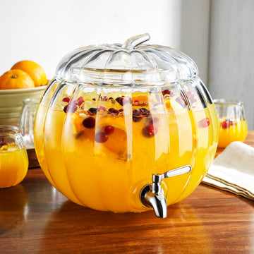 2.11 Gallon Clear Glass Pumpkin Ice Cold Jug Beverage Dispenser With Stainless Steel Easy Flow Spigot/Trick Or Treat