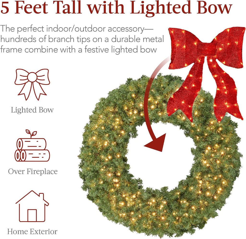 60in Large Artificial Pre-Lit Fir Christmas Wreath Holiday Accent Decoration for Door, Mantel w/Red Lighted Bow, 375