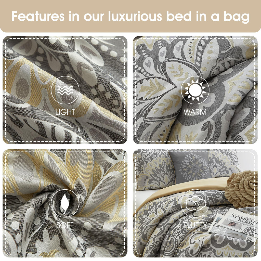 Grey Yellow 8 Piece Comforter Set King Floral Jacquard Bedding