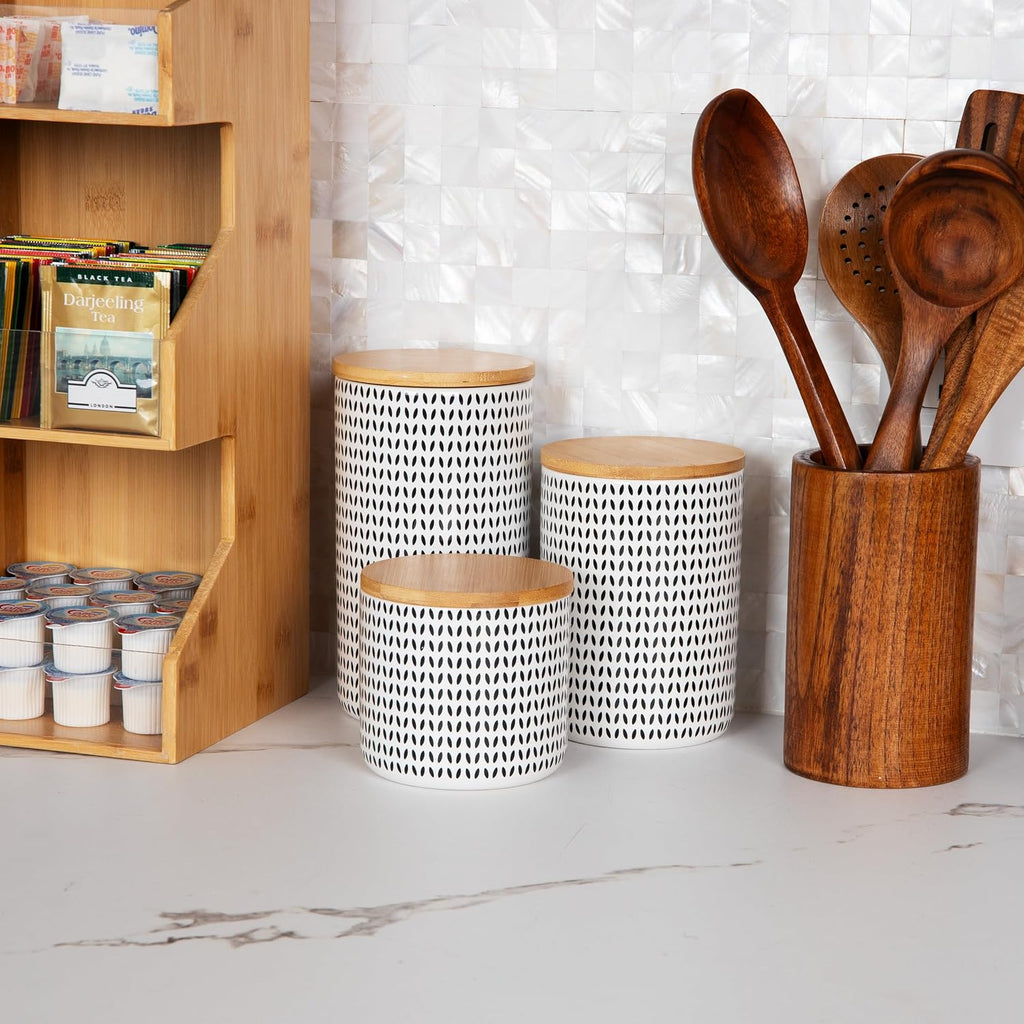 3-Piece Canister Set, Sugar Container, Coffee Storage, Lids, Kitchen, Ceramic, 4"L x 4"W x 7"H, Black and White