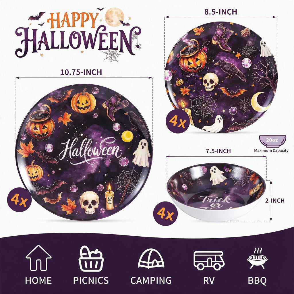 12-Piece Halloween Melamine Dinnerware Set, Service for 4,Dark Purple