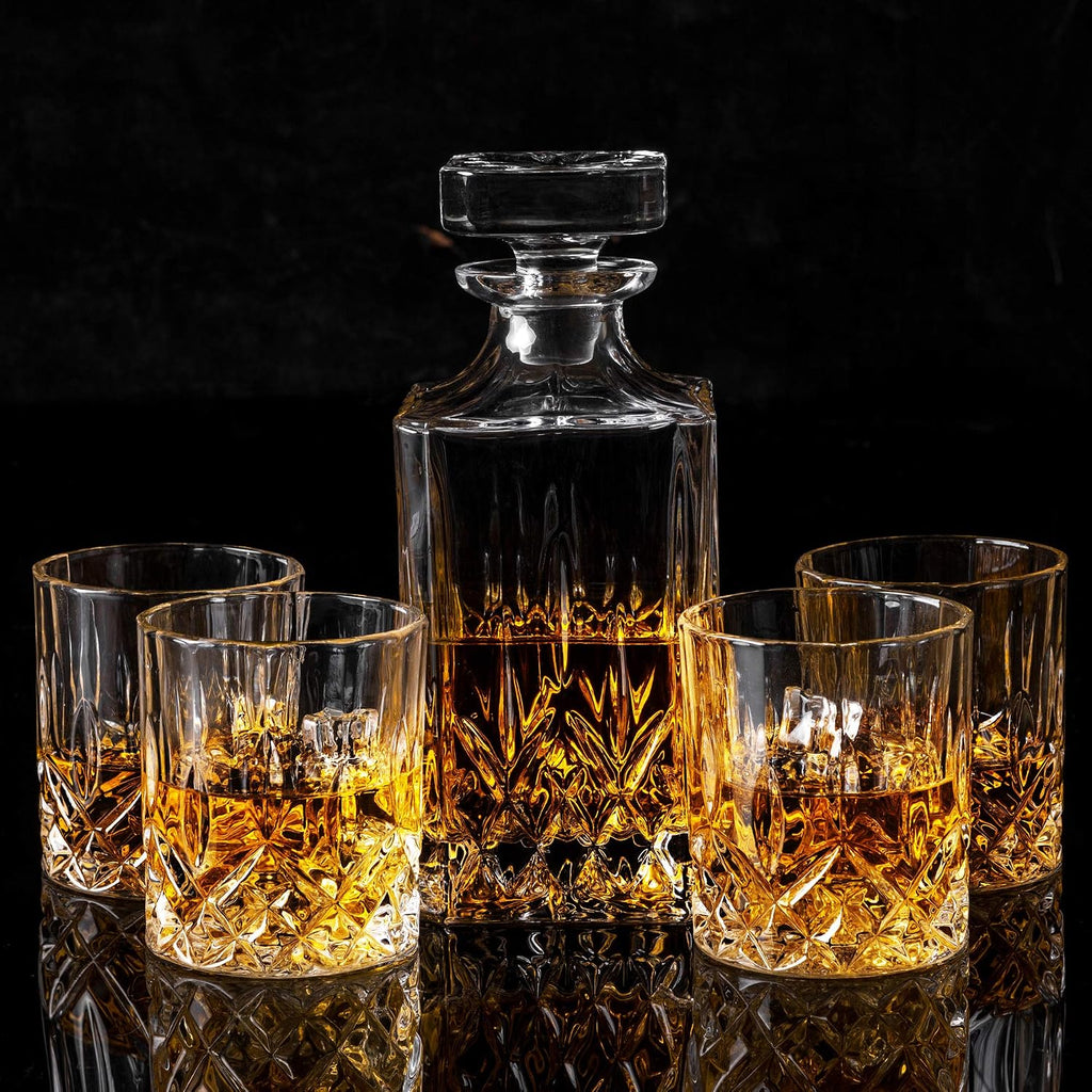 Whiskey Decanter And Glasses Set in Unique Gift Box - Original Crystal Liquor Decanter Set For Bourbon, Scotch - Set of 5