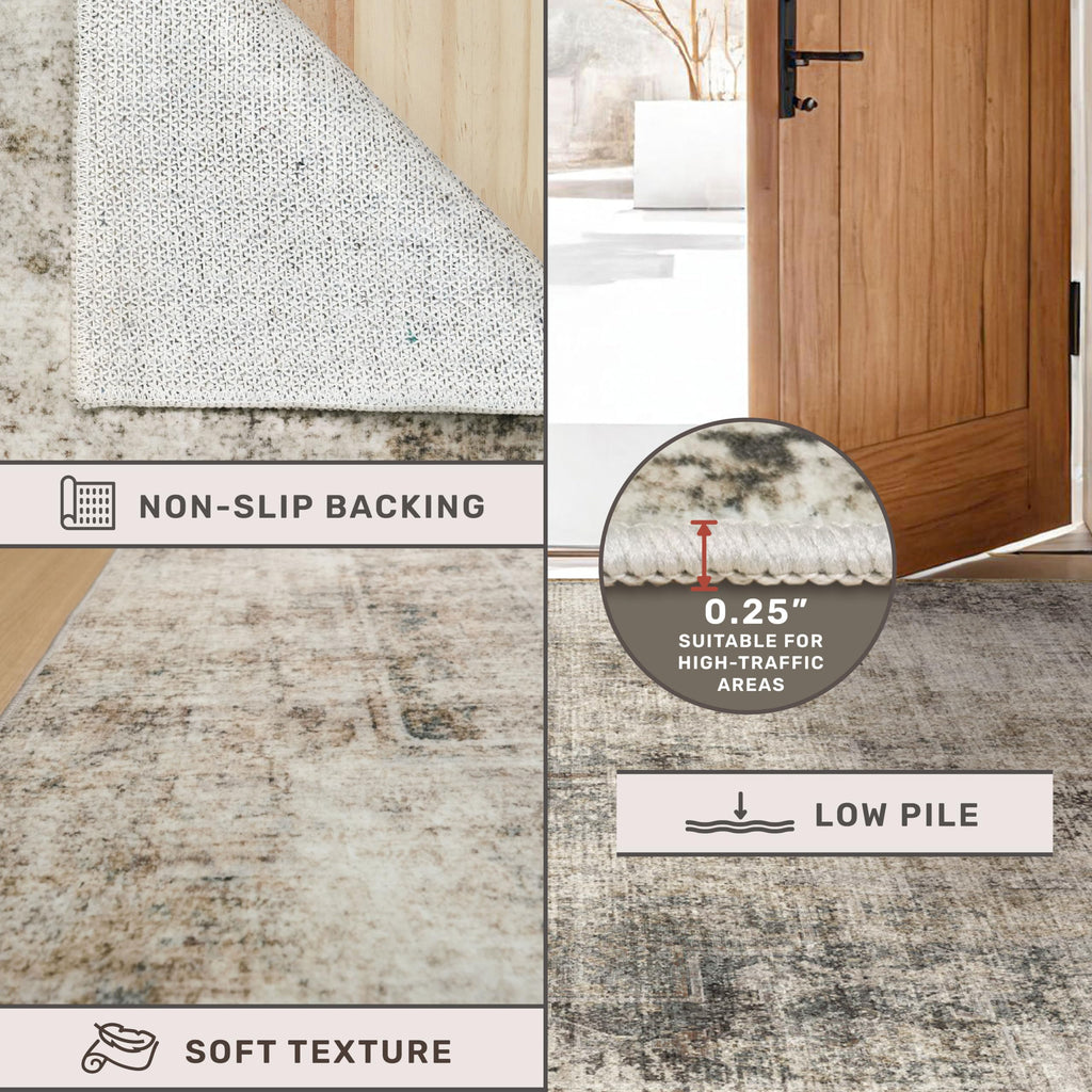 Farmhouse 8x10 Washable Area Rugs, Neutral Taupe Brown Abstract Rug, Soft Foldable Low Pile Carpet, Stain Resistant