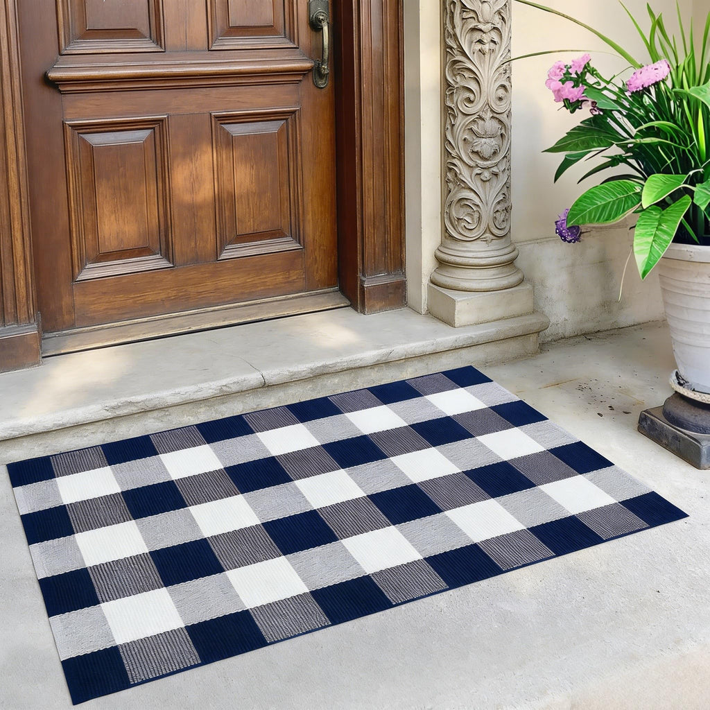 Navy Blue and White Buffalo Plaid Rug 2'4'' x 3'7'', Washable Farmhouse Non-Slip Checkered Doormat, Indoor Outdoor