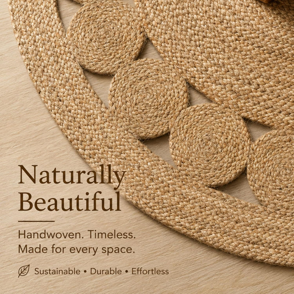 Natural Jute Round Area Rug, Handwoven Braided Boho Jute Rug with Dotted Design, Eco Friendly Farmhouse Living Room