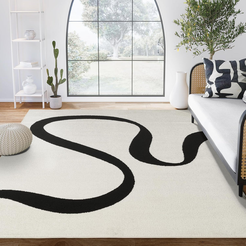 Abani Black and Cream Area Rug | White Abstract Swirl Wave Carpet | 8' x 10' Beige/Ivory Geometric Wave Design | for