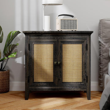 Rattan Accent Cabinet with Doors, Boho Entryway Cabinet, Wooden Decorative Sideboard with Adjustable Shelf & Doors