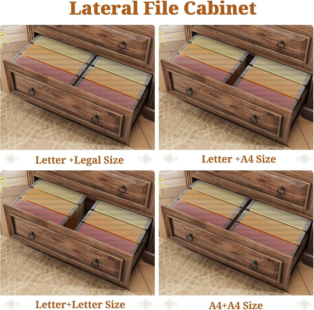 2 Drawer File Cabinet, Farmhouse Filing Cabinet Fits Letter, Legal, A4 Size, Wood Lateral File Cabinet with Printer
