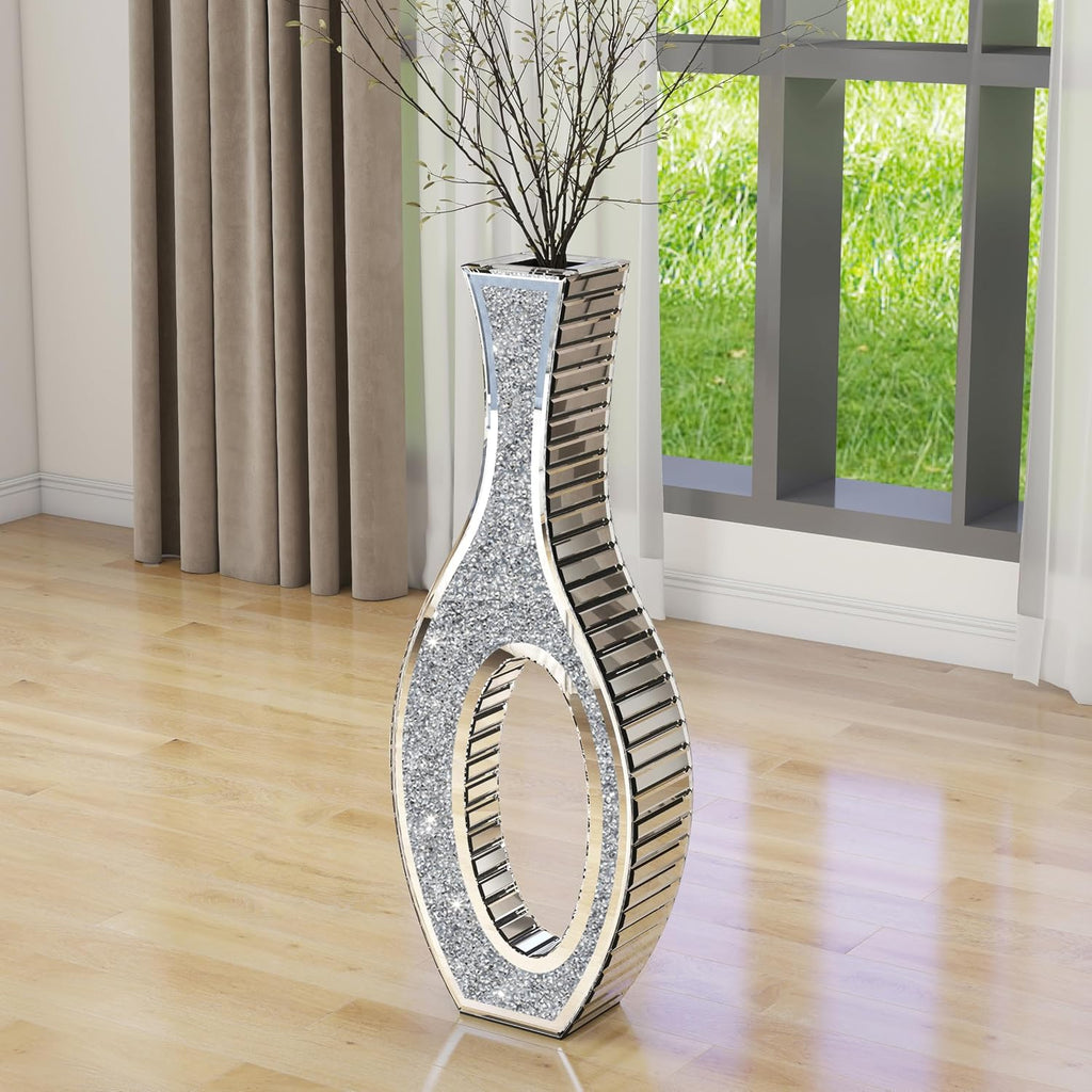 Floor Vase Crushed Diamond Mirrored Vase 30" Tall, Large Silver Tall Vases for Floor Crystal Hollow Decorative Glass