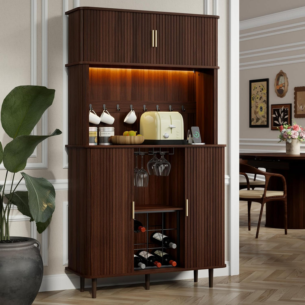 71" Tall Wine Bar Cabinet with Storage & Wine Rack,Fluted Liquor Cabinet,Modern Coffee Bar Cabinet with LED Lights
