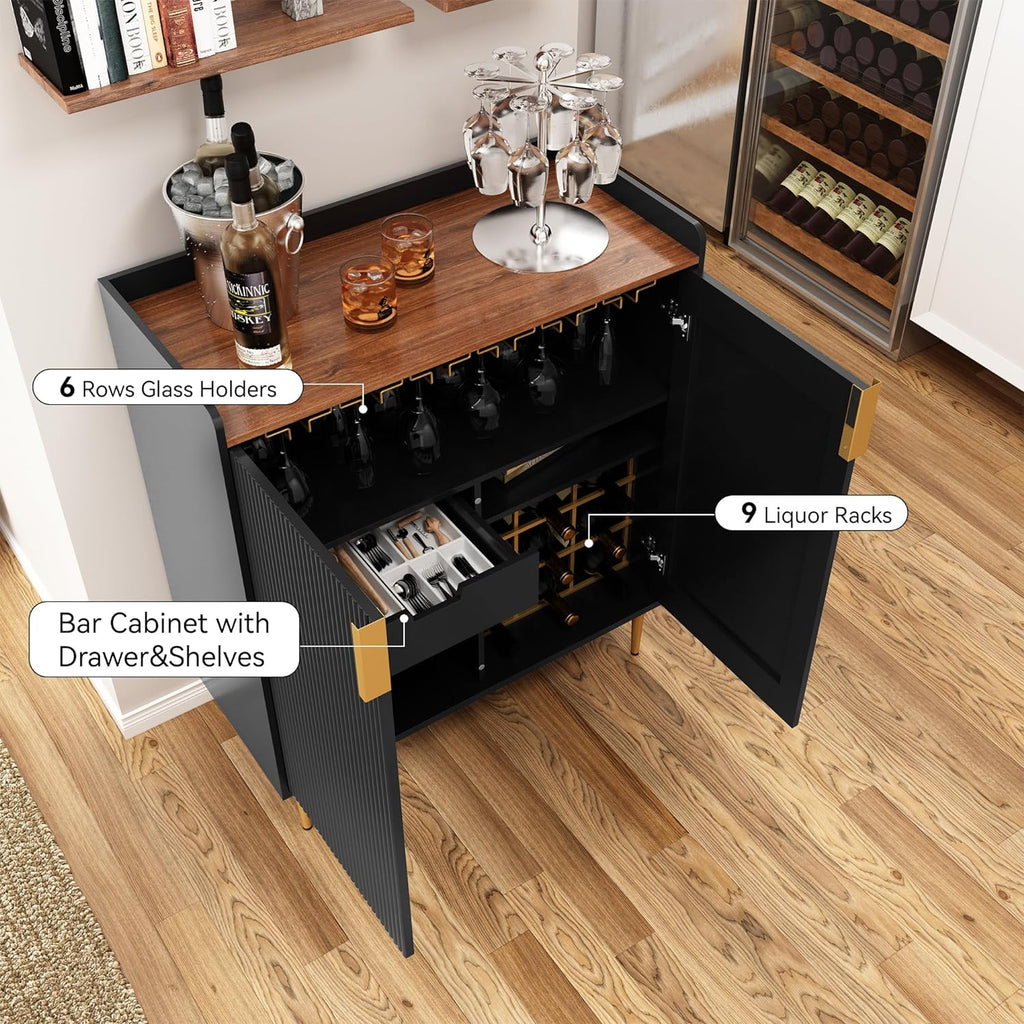 Modern Coffee Bar Cabinet with Fluted Texture, Black | Sideboard Buffet Cabinet with Wine Rack&Drawers, Liquor
