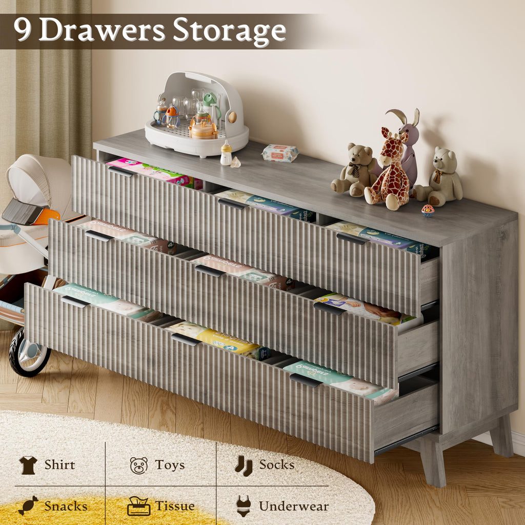 63" Long Dresser, 9-Drawer Fluted Dresser, Extra-Wide Wood Chest of Drawers with Smooth Metal Slides, Stable Base