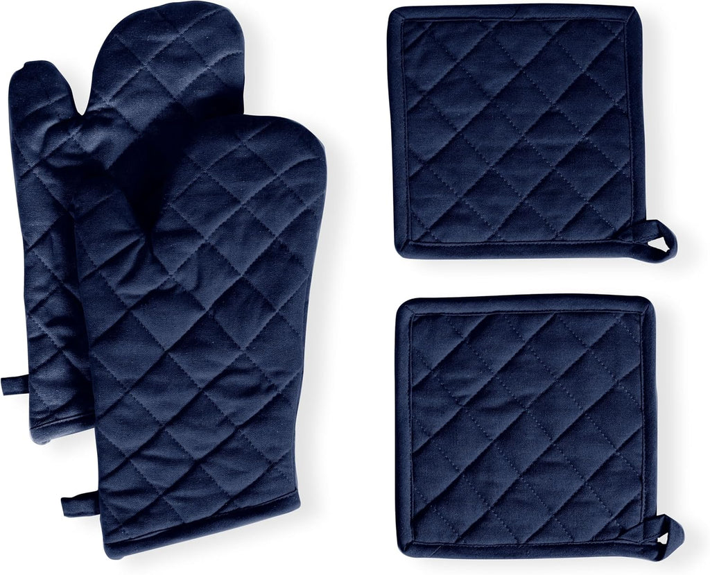 4 Piece Set - 2 Oven Mitts & 2 Potholders, Heat Resistant, 100% Cotton, Quilted Design, Non-Slip Grip, Machine