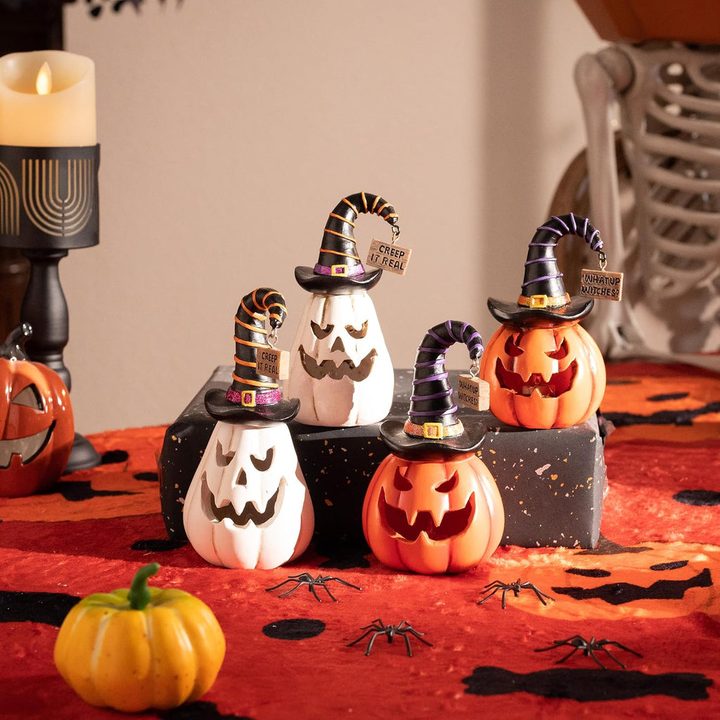 Pumpkin Halloween Decorations Indoor, Resin Halloween Figurines with Light, White and Orange Jack o Lantern - Set of 2
