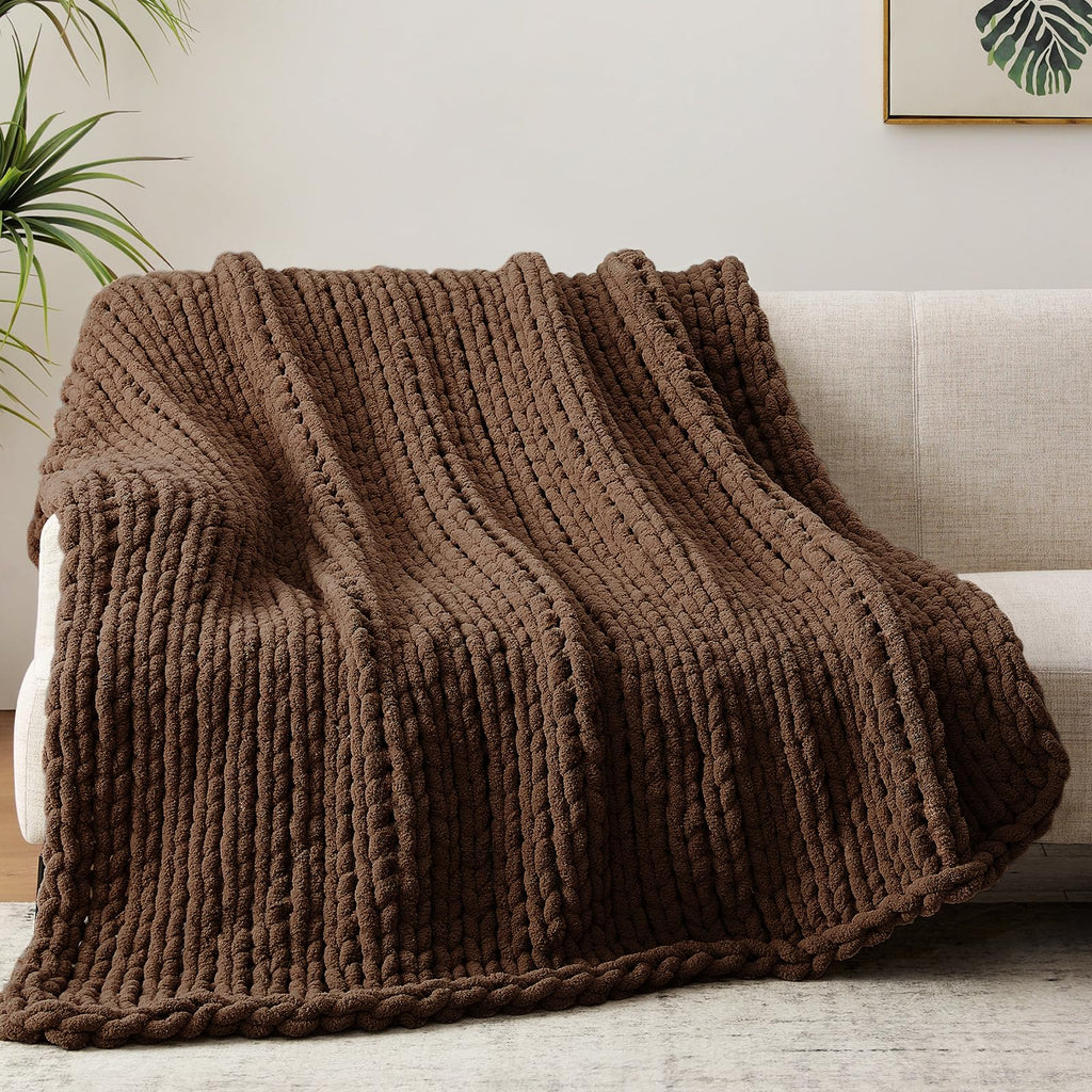 Chunky Knit Throw Blanket, Knitted Throw Chenille Yarn, 50"*60"