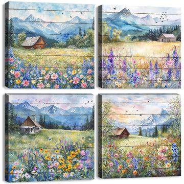 Colorful Wildflower Wall Art Farmhouse Floral Scenery Pictures Rustic Flower Landscape Canvas Painting Mountain