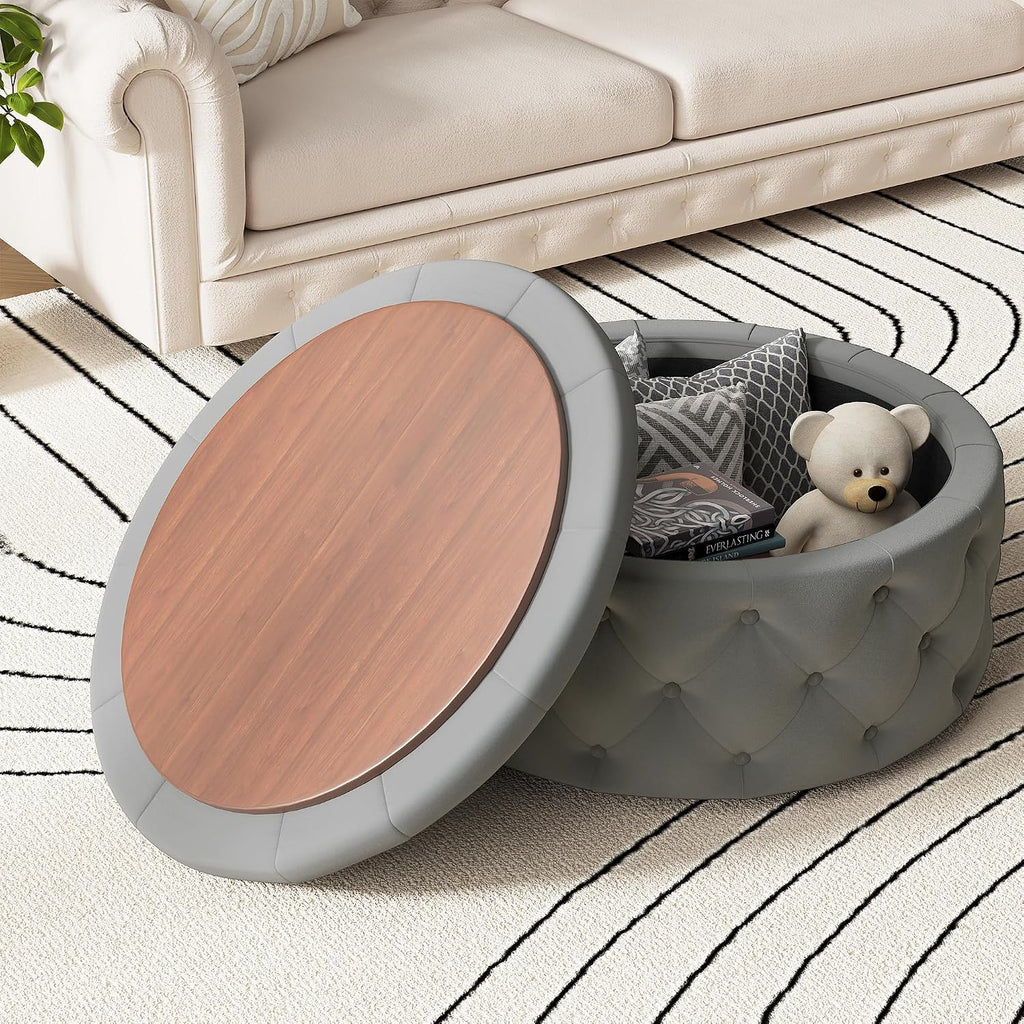 30 Inch Round Ottoman with Storage Tray,Large Coffee Table | Circle Modern Button Footstool with Removable Lid,Cozy