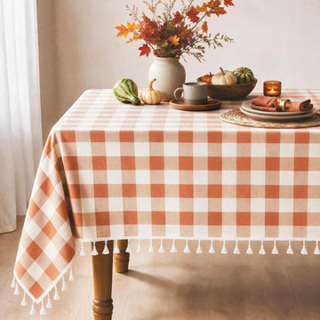 Fall Gingham Tablecloth Rectangle Cotton Linen Fabric Checkered Table Cloth with Tassel Washable Wrinkle Free Buffalo