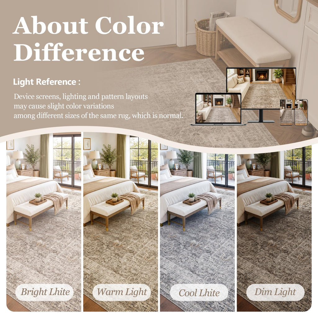 Washable Taupe Vintage Distressed Area Rug