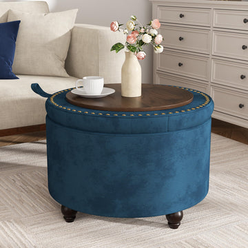24 Inch Round Storage Ottoman, Modern Tufted Ottomans, Circular Coffee Table with Removable Top, Upholstered Large
